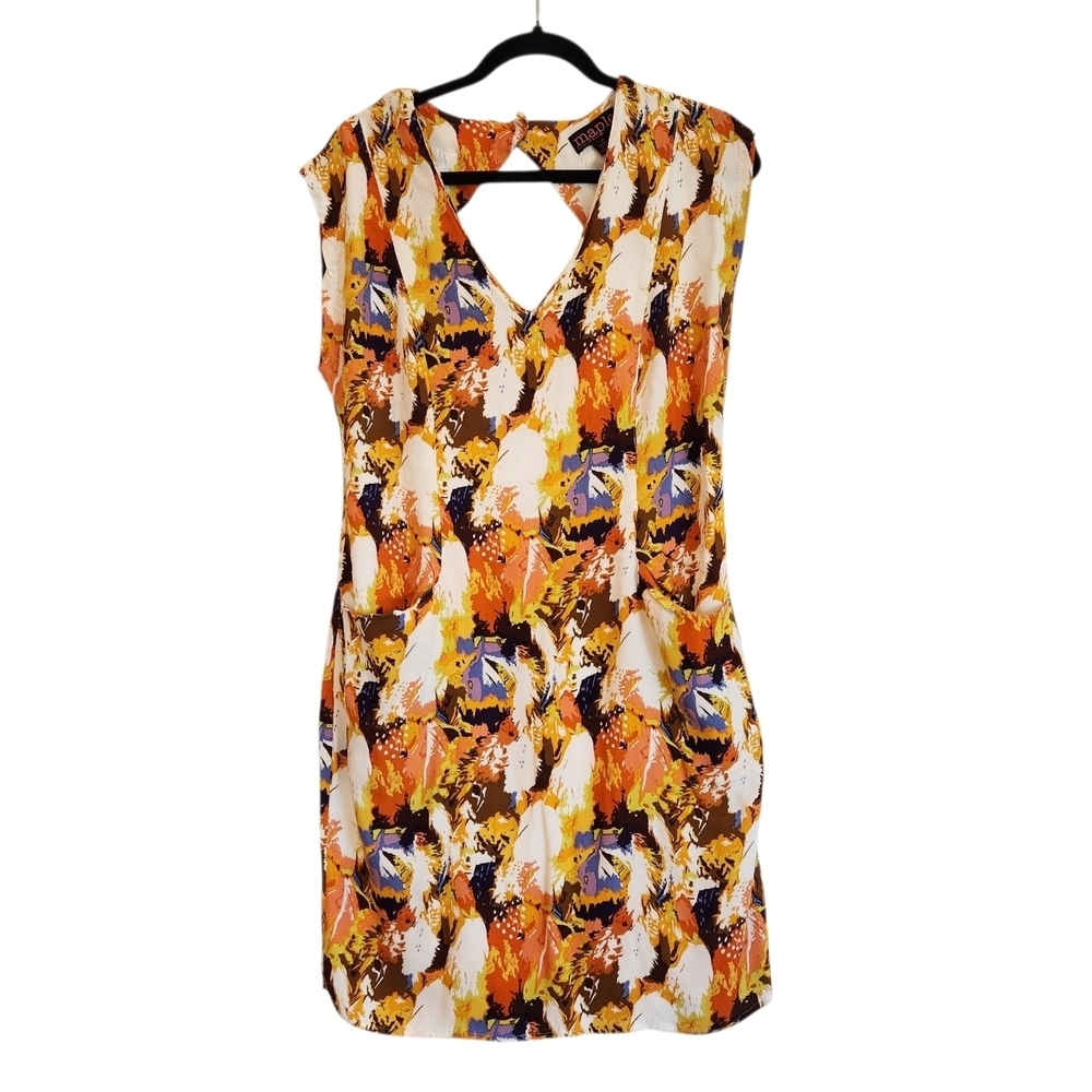 Anthropologie Maple Abstract V-Neck Cut-Out Back Dress Size 14 Vibrant Pockets